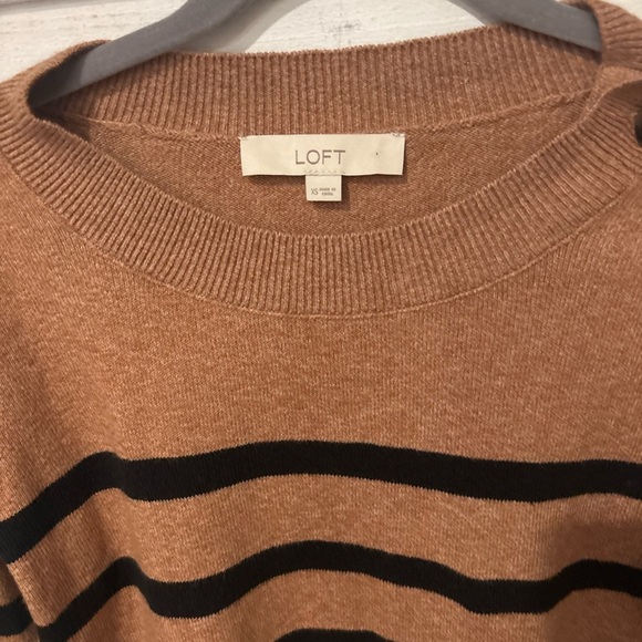 LOFT Camel/Tan and Black Striped Crew Neck Sweater with Button details . - Picture 2 of 13